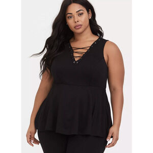 NWT Torrid Black Ponte Knit Lace Up V Neck Peplum Top Blouse Size 4 4X